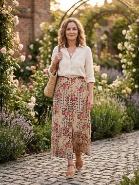 {Sag Harbor} 90s Vinatge Beige Floral Print Maxi Skirt with Red Accents - SMALL